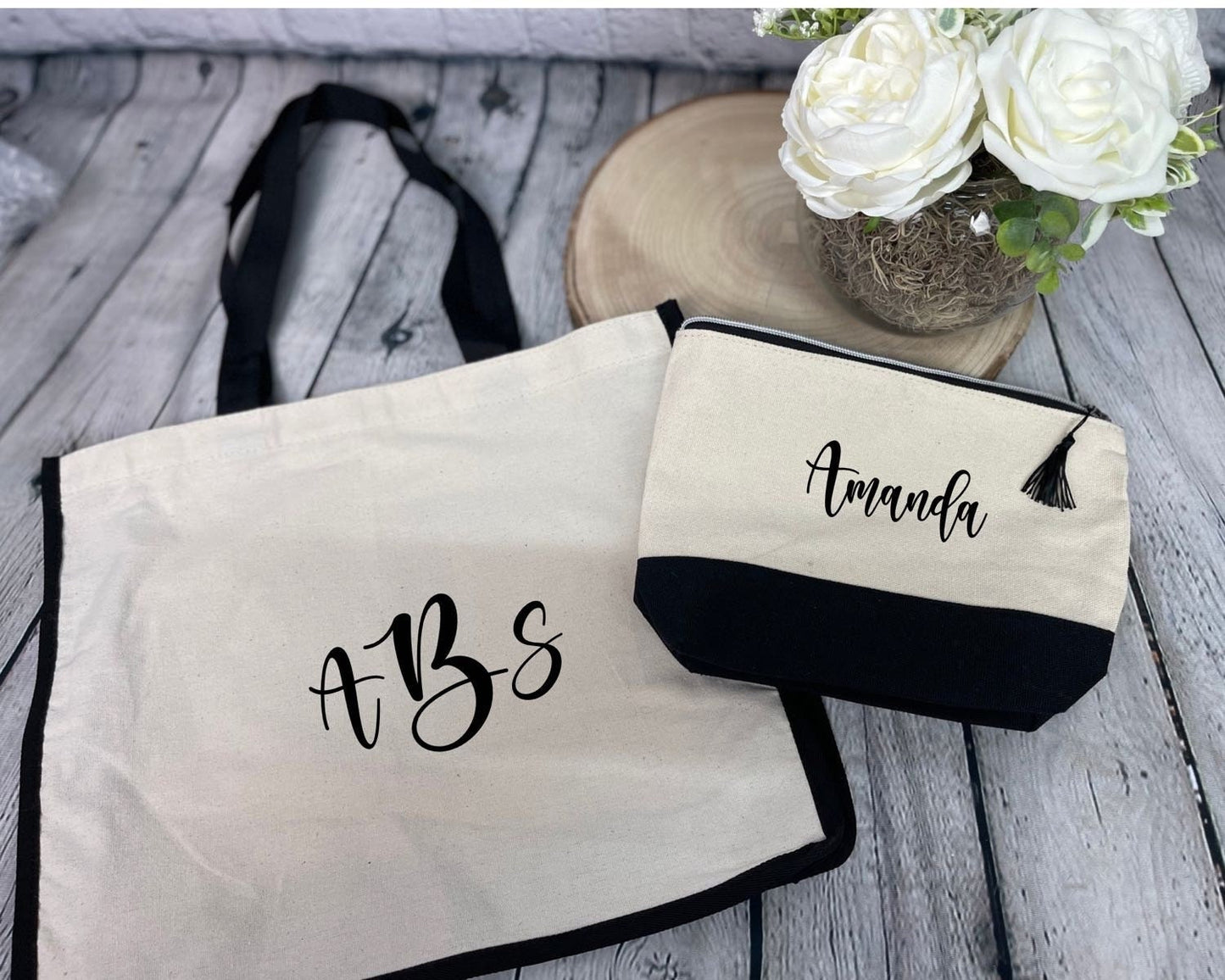 Monogrammed Tote bag with matching cosmetic bag| Tote and Cosmetic Bag Set| Tote and Make-up Bags| Personalized Cosmetic Bags