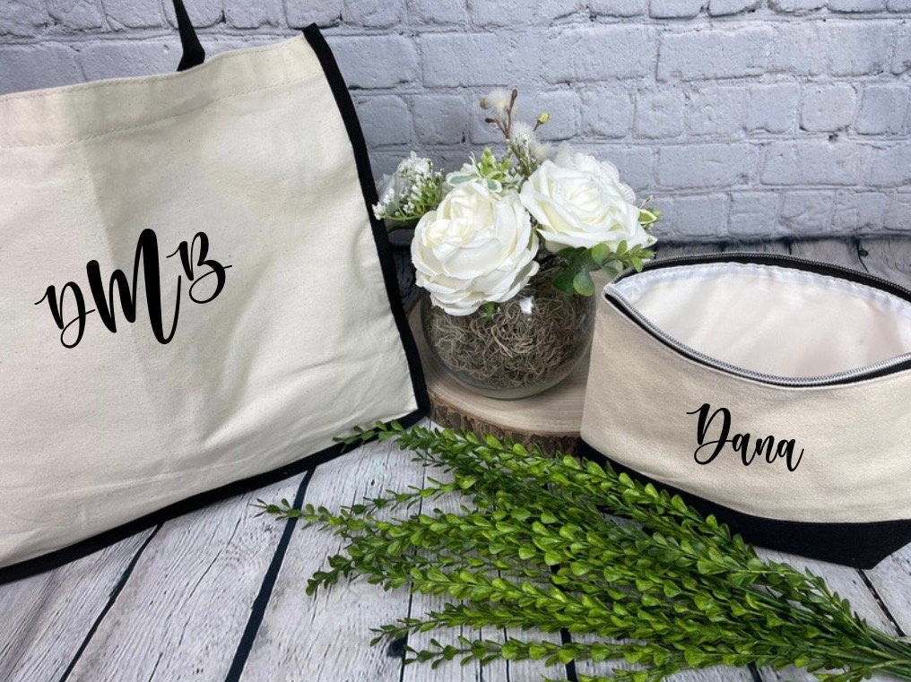 Monogrammed Tote bag with matching cosmetic bag| Tote and Cosmetic Bag Set| Tote and Make-up Bags| Personalized Cosmetic Bags