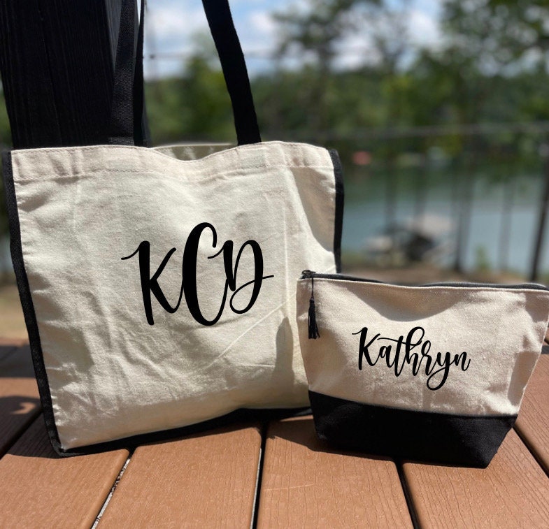 Monogrammed Tote bag with matching cosmetic bag| Tote and Cosmetic Bag Set| Tote and Make-up Bags| Personalized Cosmetic Bags