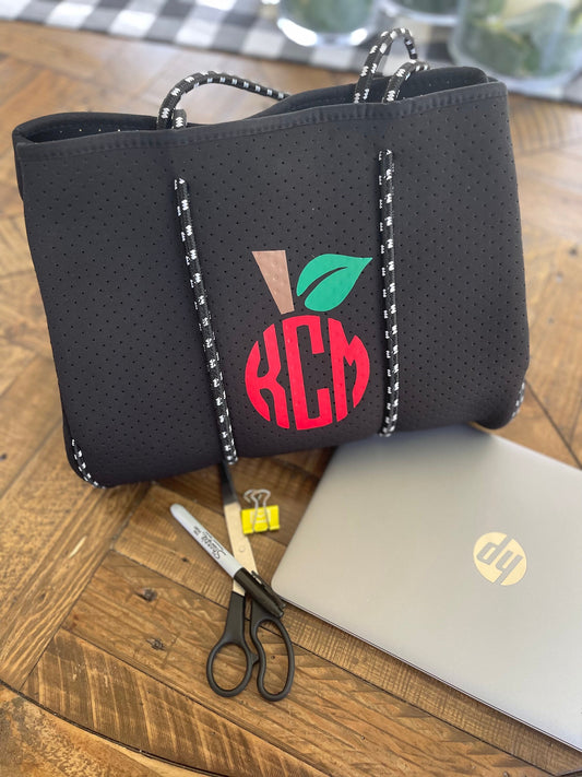 Teacher Neoprene Tote Bag with apple monogram/ Neoprene Tote/ Neoprene Carry-all/ Teacher monogram