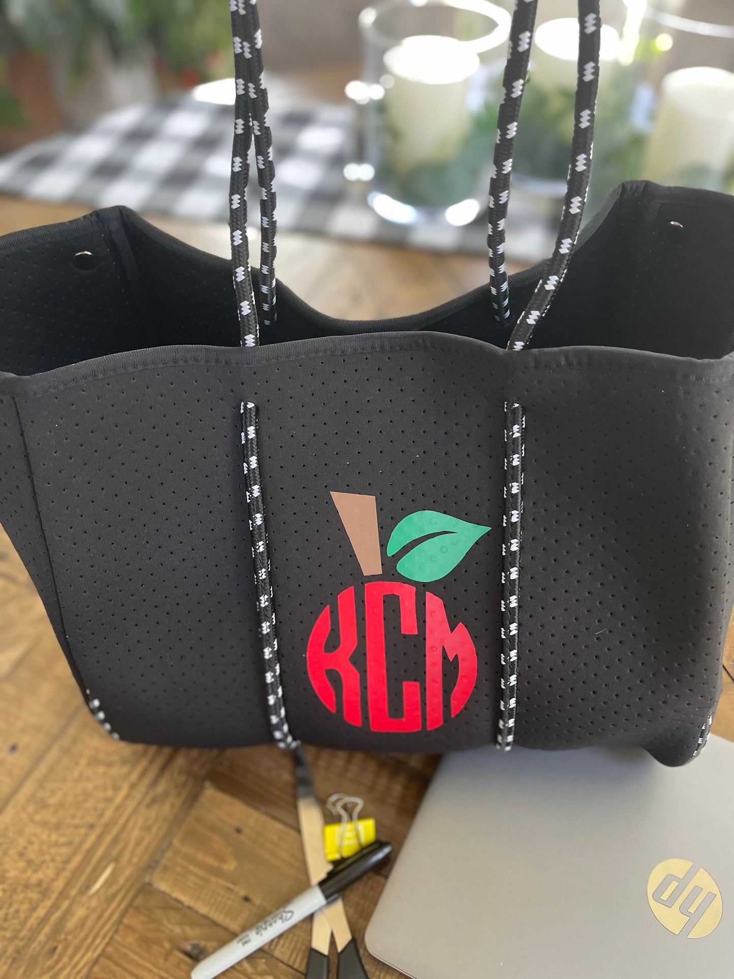 Teacher Neoprene Tote Bag with apple monogram/ Neoprene Tote/ Neoprene Carry-all/ Teacher monogram