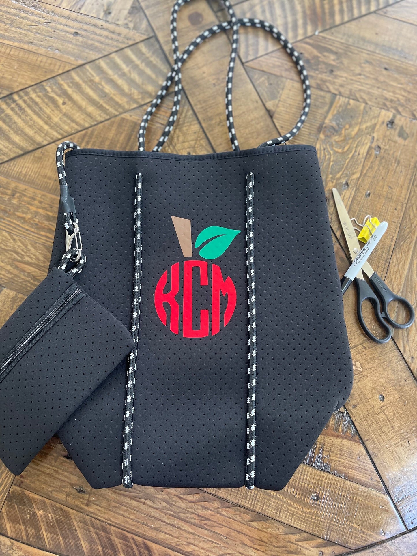 Teacher Neoprene Tote Bag with apple monogram/ Neoprene Tote/ Neoprene Carry-all/ Teacher monogram