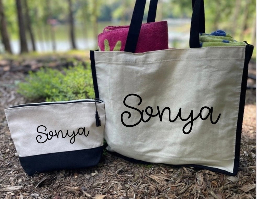 Personalized Tote bag with matching cosmetic bag| Tote and Cosmetic Bag Set| Tote and Make-up Bags| Personalized Cosmetic Bags