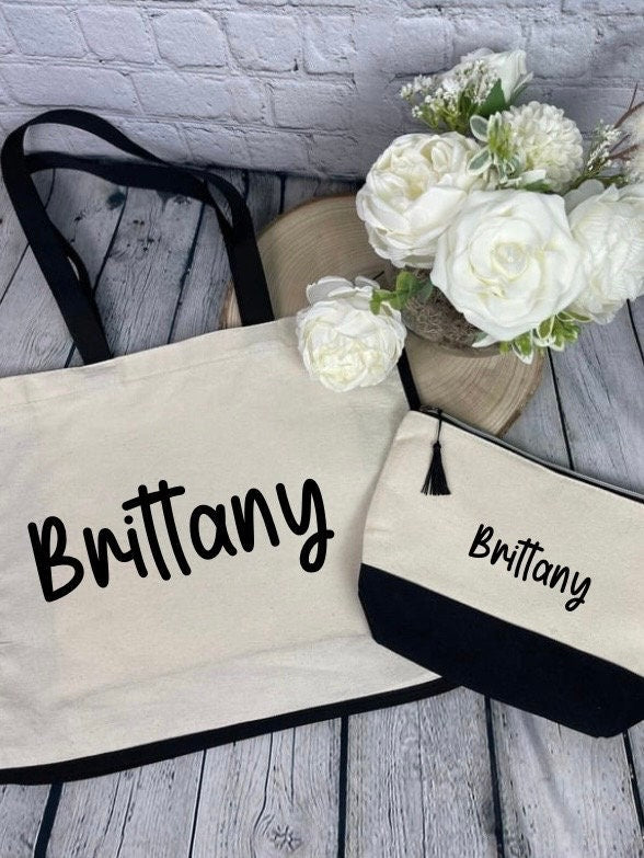 Personalized Tote bag with matching cosmetic bag| Tote and Cosmetic Bag Set| Tote and Make-up Bags| Personalized Cosmetic Bags