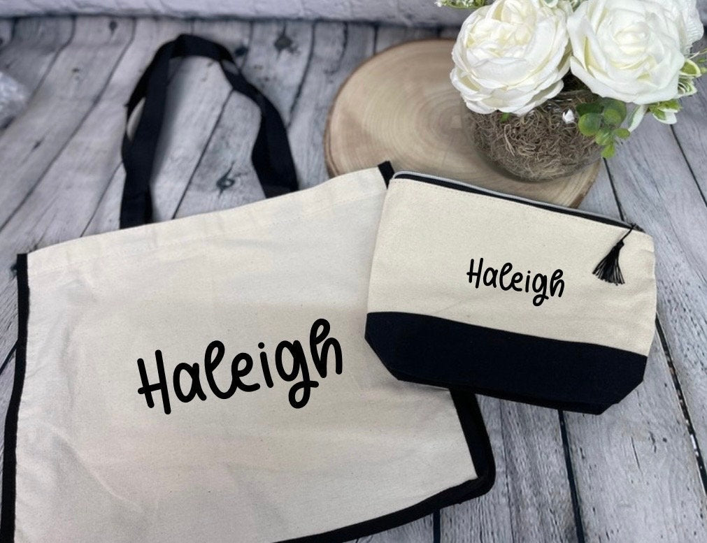 Personalized Tote bag with matching cosmetic bag| Tote and Cosmetic Bag Set| Tote and Make-up Bags| Personalized Cosmetic Bags