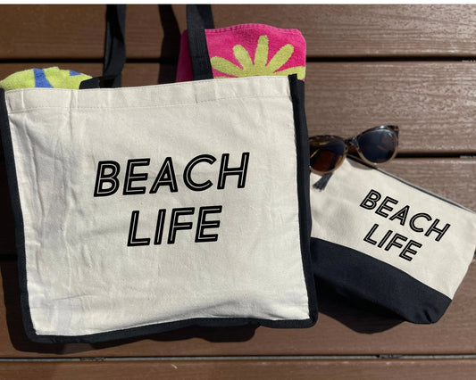 Beach Life Tote bag with matching cosmetic bag| Tote and Make-up Bags| Personalized Cosmetic Bags| Beach tote set| Beach bags