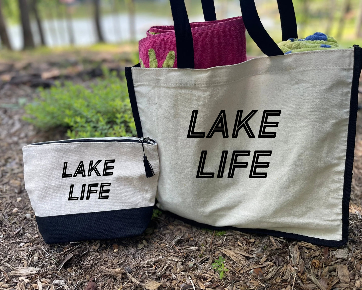 Lake Life Tote bag with matching cosmetic bag| Tote and Make-up Bags| Personalized Cosmetic Bags| Lake tote set| Lake bags