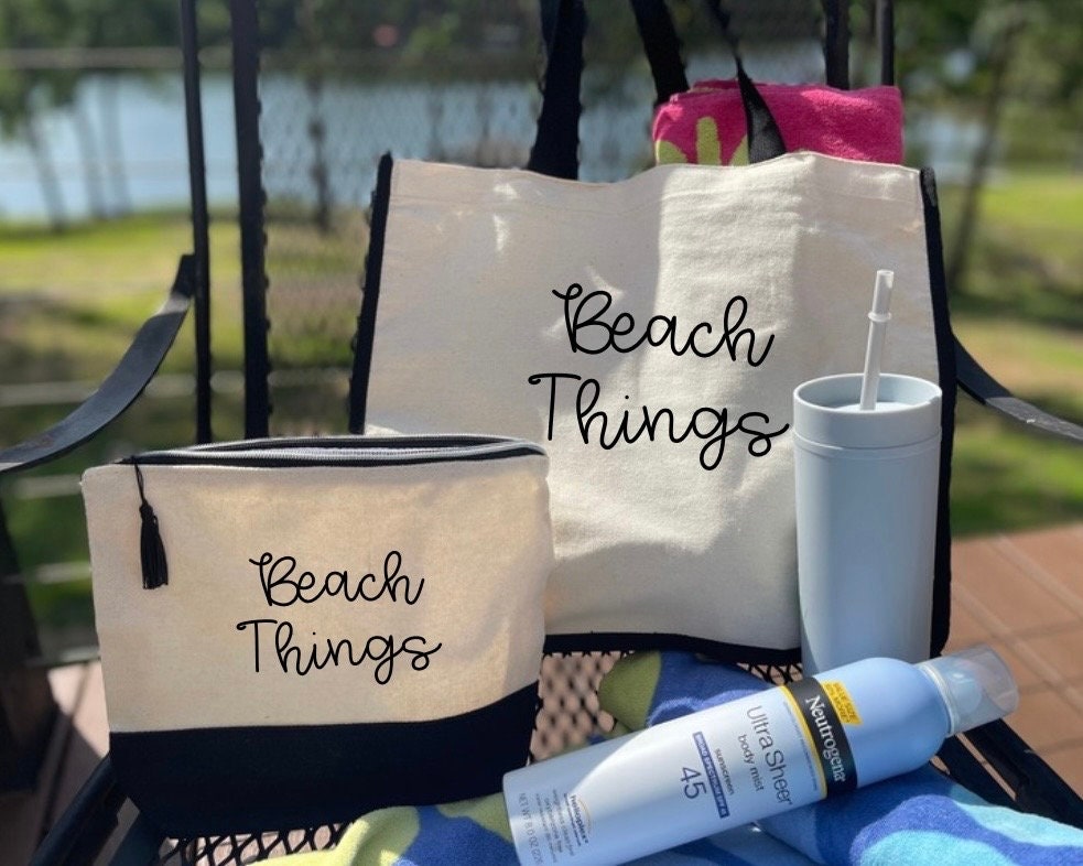 Beach Things Tote bag with matching cosmetic bag| Tote and Make-up Bags| Personalized Cosmetic Bags| Beach tote set| Beach bags