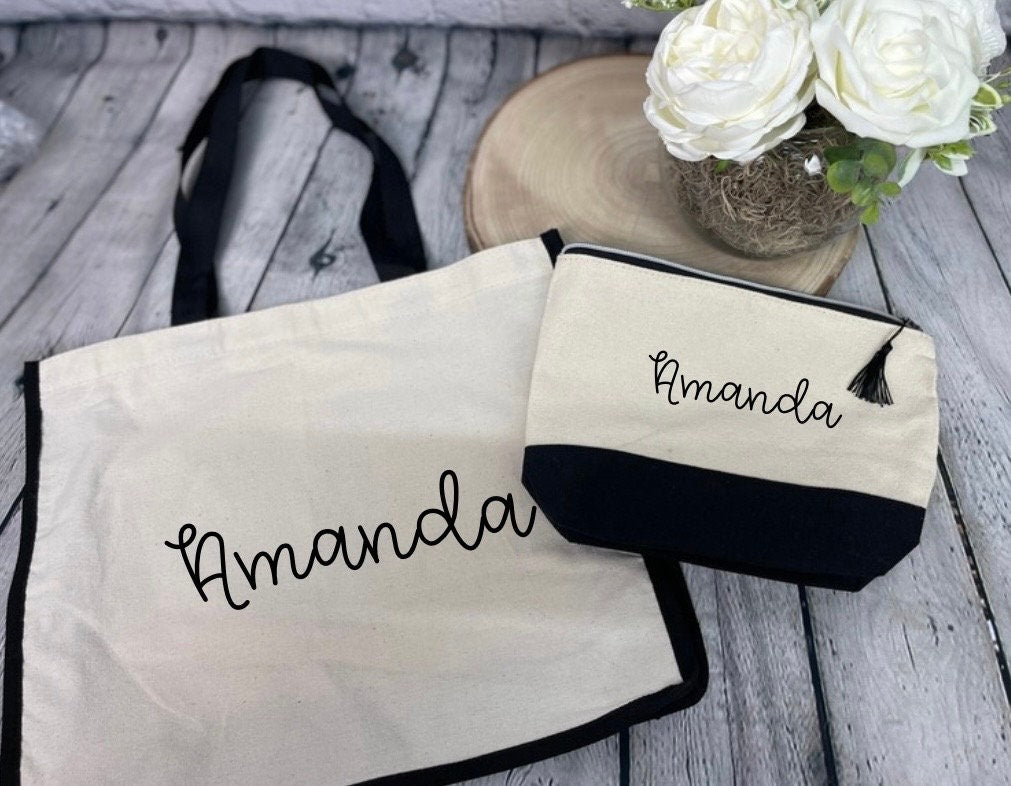 Personalized Tote bag with matching cosmetic bag| Tote and Cosmetic Bag Set| Tote and Make-up Bags| Personalized Cosmetic Bags